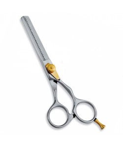Thinning Scissor. Double Blade Teeth. Plastic Handle. Satin Finish.